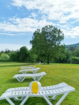 a row of white lounge chairs in a field at Tyrifjord Hotell in Vikersund
