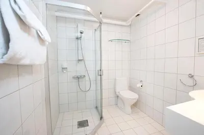 a bathroom with a shower and a toilet at Dr. Holms Hotel in Geilo