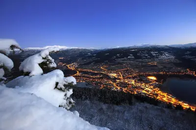 an aerial view of a city covered in snow at Fleischer's Hotel in Vossevangen