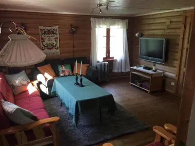 a living room with a couch and a tv at Løngdal in Tuddal
