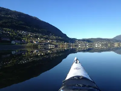 a view from the inside of a kayak on a lake at Voss Vandrarheim Hostel in Vossevangen