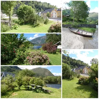 a collage of photos with a house and a river at Rongahuset BnB in Evanger
