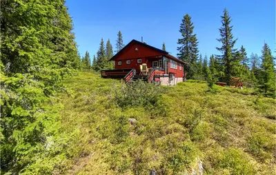 a red barn on the side of a hill at Amazing Home In Sjusjøen With Wifi in Sjusjøen