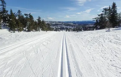 a snow covered road with tracks in the snow at Amazing Home In Sjusjøen With Wifi in Sjusjøen