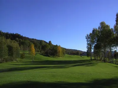 a lush green field with trees on a golf course at Nermo Hotel & Apartments in Hafjell