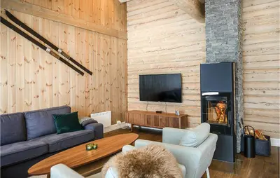 a living room with a couch and a fireplace at Lovely Home In Sjusjøen With Sauna in Sjusjøen