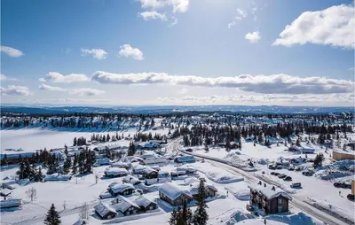 a snowy town with trees and snow covered roofs at Lovely Home In Sjusjøen With Sauna in Sjusjøen