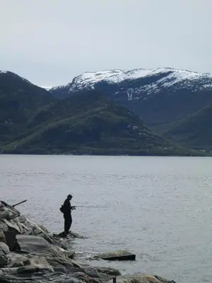 a person standing on the shore of a body of water at Lavik Fjord Hotel & Apartments in Lavik
