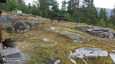 a picnic table on top of a hill with flowers at Suigard Smia in Sauland