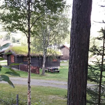 a log cabin with a grass roof and a picnic table at Weistad in Heidal