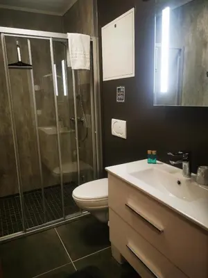 a bathroom with a shower and a toilet and a sink at Flåm Marina in Flåm