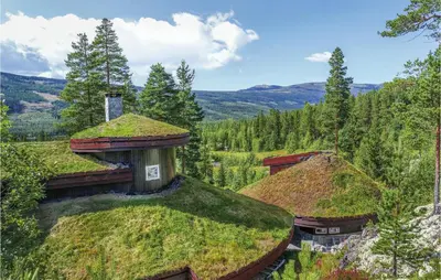 an architectural visualization of a house with grass on the roof at Lovely Home In Hemsedal With Sauna in Hemsedal