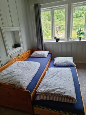 two beds in a room with two windows at Leilighet i Åmotsdal in Åmotsdal