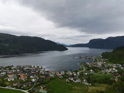 an aerial view of a town next to a body of water at Bed and breakfast in Sauda