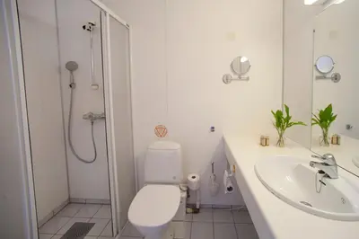 a bathroom with a toilet and a sink and a shower at Strand Fjordhotel in Ulvik