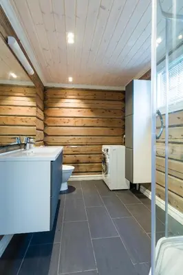 a bathroom with wooden walls and a toilet and a sink at Lake View Apartment 4 bedrooms in Brunstad