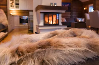 a furry rug on the floor in a living room with a fireplace at Strandafjellet Mountain Lodge in Stranda