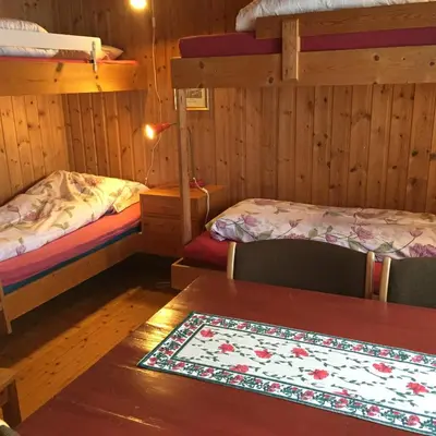 a room with two beds and a table with a rug at Putten Seter in Høvringen