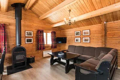 a living room with a couch and a wood stove at Bardøla Fjelltun in Geilo