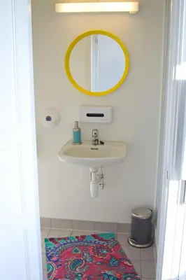a bathroom with a sink and a mirror and a rug at Brekstad Gjestehus AS in Brekstad