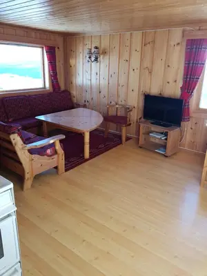 a living room with a couch and a table and a tv at Fjellbu Two-bedroom Cottage in Geilo