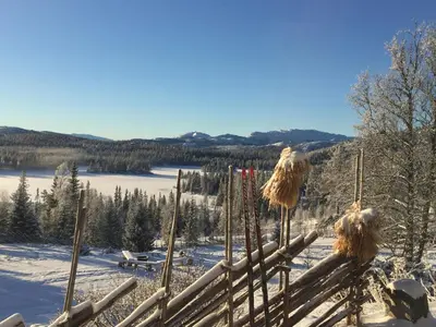 a view of a snow covered field with hay on poles at Tuddal Høyfjellshotel in Tuddal