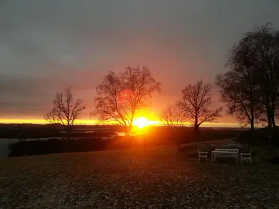 a sunset with trees and a bench in a field at Westland Hotel in Lindås