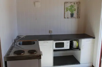 a small kitchen with a sink and a microwave at Fjellstova Ørskogfjellet Cottages in Sjøholt