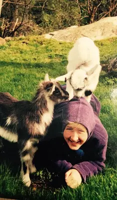 a woman laying in the grass with a dog on her back at Skjerping gård in Lonevåg