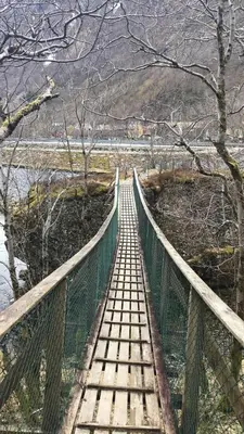 a wooden bridge over a river with trees at Øren Hotel in Høyanger