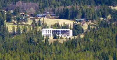 a large building in the middle of a forest at Tronsvangen Seter in Alvdal