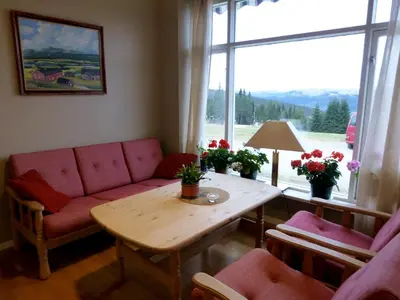 a living room with a couch and a table at Tronsvangen Seter in Alvdal