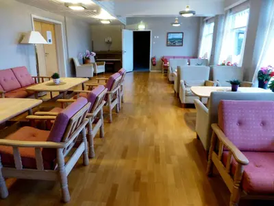a restaurant with wooden tables and chairs and pink chairs at Tronsvangen Seter in Alvdal