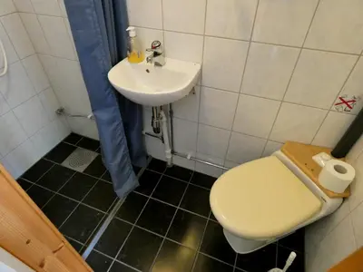 a small bathroom with a toilet and a sink at Tronsvangen Seter in Alvdal