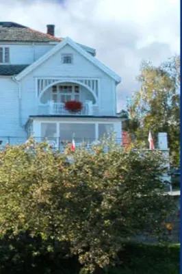 a blue house with a flower box on the window at Midtnes Hotel in Balestrand