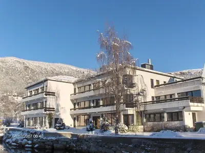 a building with a tree in front of it in the snow at Innvik Fjordhotell in Innvik