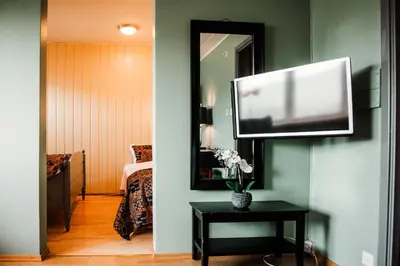 a living room with a television on a wall with a table at Vågslidtun Hotel in Vågsli
