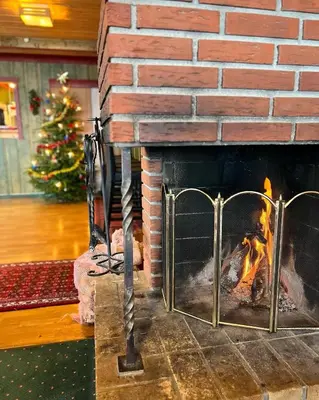 a fireplace with a christmas tree in a room at Torsetlia in Dagali