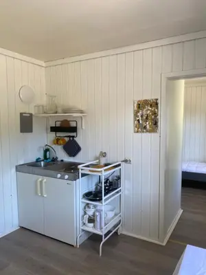 a small kitchen with a counter and a stove at Solvang Ferietun in Vangsnes