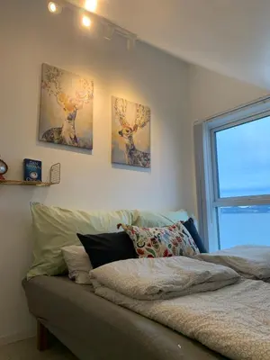 a bedroom with two paintings on the wall and a bed at Seaside Rentals in Trondheim
