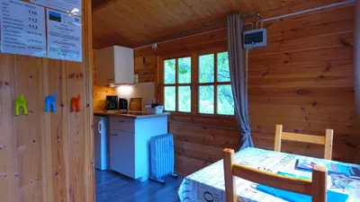 a kitchen with wooden walls and a table in a cabin at Birkelund camping in Geilo