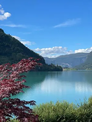 a view of a lake with mountains in the background at Sunde panorama in Olden