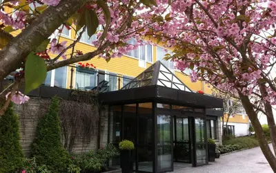 a yellow and black building with a tree with pink flowers at Alver Hotel in Alversund