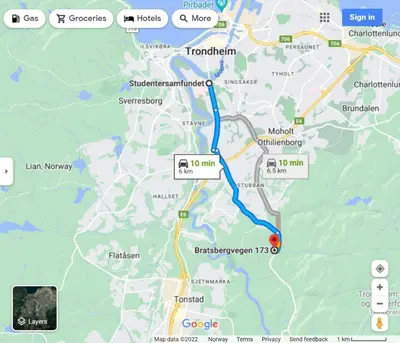a map of a road with a blue trail at Fully equipped flat, 2 bedrooms, FREE car parking. in Trondheim