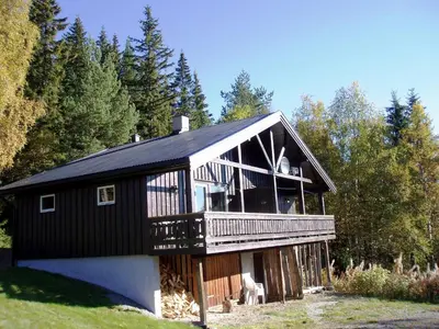 a large black house with a large deck at Hogstul Hytter - Apartment South in Tuddal