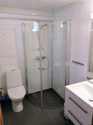 a bathroom with a shower and a toilet and a sink at Hogstul Hytter - Apartment North in Tuddal