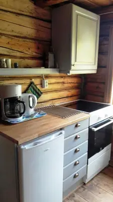 a kitchen with a stove and a counter top at Hogstul Hytter - Gamlestua in Tuddal