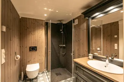 a bathroom with a shower and a sink and a toilet at Tinden Grendehytte in Beitostøl