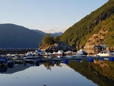 a bunch of boats are docked in a body of water at Kyrping Camping in Kyrping