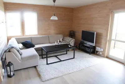 a living room with a couch and a tv at Oppdal Alpintun in Oppdal